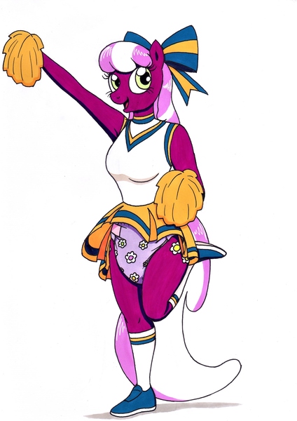 Size: 2464x3485 | Tagged: suggestive, artist:xdemcuddles, derpibooru import, cheerilee, bow, cheeribetes, cheerileeder, cheerleader, cheerleader outfit, clothes, cute, diaper, diaper fetish, fetish, hair bow, image, jpeg, looking at you, pom pom, ribbon, sexy, skirt, smiling, socks, traditional art, upskirt