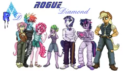 Size: 2636x1531 | Tagged: safe, artist:urhangrzerg, derpibooru import, applejack, fluttershy, pinkie pie, rainbow dash, rarity, spike, twilight sparkle, anthro, comic:rogue diamond, applejack (male), applejacked, barb, barlusive, blushing, boots, bubble berry, butterscotch, cane, clothes, combat boots, computer, dusk shine, elusive, eyepatch, feet, female, glasses, image, jeans, jpeg, laptop computer, male, male feet, male six, mane six, muscles, pants, rainbow blitz, rainbuff blitz, rainbuff dash, ripped jeans, ripped pants, rule 63, sandals, shipping, shoes, shorts, slippers, sparity, straight, suspenders, toes, torn clothes