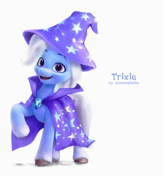 Size: 1168x1260 | Tagged: safe, artist:xciax, derpibooru import, edit, trixie, pony, unicorn, cape, clothes, female, g4 to g5, g5, hat, image, looking at you, mare, open mouth, png, raised hoof, simple background, solo, stars, text, unshorn fetlocks, white background