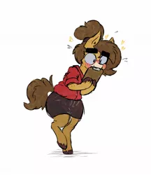 Size: 1148x1331 | Tagged: safe, artist:somefrigginnerd, derpibooru import, oc, oc:pencil test, unofficial characters only, earth pony, pony, bipedal, blushing, clipboard, clothes, female, flustered, freckles, glasses, hair bun, holding, image, jpeg, mare, shirt, simple background, skirt, smiling, solo, thick eyebrows, unshorn fetlocks, white background