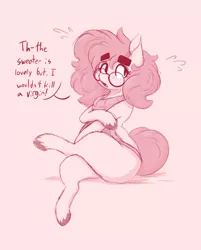 Size: 1554x1935 | Tagged: suggestive, artist:somefrigginnerd, derpibooru import, oc, oc:pencil test, unofficial characters only, earth pony, backless, butt freckles, clothes, crossed legs, dialogue, eyebrows, eyebrows visible through hair, female, freckles, glasses, image, jpeg, monochrome, open-back sweater, open mouth, sitting, sketch, sleeveless, sleeveless sweater, solo, solo female, sweater, thick eyebrows, unshorn fetlocks, virgin killer sweater