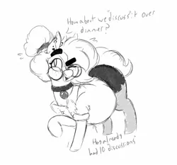 Size: 1510x1405 | Tagged: safe, artist:somefrigginnerd, derpibooru import, oc, oc:pencil test, unofficial characters only, earth pony, choker, chubby, clothes, dialogue, ear piercing, earring, fat, female, freckles, glasses, hair bun, image, jewelry, jpeg, one eye closed, open mouth, pantyhose, piercing, plump, question, raised hoof, shirt, simple background, skirt, smiling, solo, talking to viewer, thick eyebrows, unshorn fetlocks, white background, wink