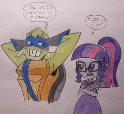 Size: 900x831 | Tagged: safe, artist:jebens1, derpibooru import, sci-twi, twilight sparkle, equestria girls, my little pony: pony life, crossed arms, disapproval, fashion squad, image, jpeg, leonardo, rise of the teenage mutant ninja turtles, smug, speech bubble