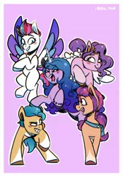 Size: 1423x2048 | Tagged: safe, artist:lrusu, derpibooru import, hitch trailblazer, izzy moonbow, pipp petals, sunny starscout, zipp storm, earth pony, pegasus, pony, unicorn, cute, eyes closed, female, flying, g5, image, jpeg, male, mare, open mouth, pink background, simple background, smiling, spread wings, stallion, wings