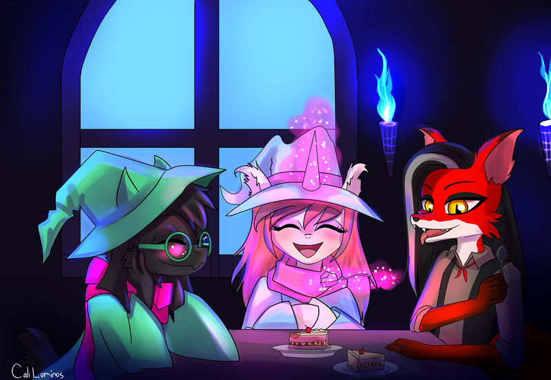 Size: 3999x2760 | Tagged: safe, artist:cali luminos, derpibooru import, aine, cake, deltarune, food, image, jpeg, magic, nulmes, princes of darkness, ralsei