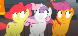 Size: 1346x622 | Tagged: safe, derpibooru import, screencap, apple bloom, scootaloo, sweetie belle, earth pony, pegasus, pony, unicorn, growing up is hard to do, cropped, cutie mark crusaders, image, looking up, older, older apple bloom, older cmc, older scootaloo, older sweetie belle, png, shrunken pupils, trio, wind, windswept mane