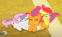 Size: 622x377 | Tagged: safe, derpibooru import, screencap, apple bloom, scootaloo, sweetie belle, earth pony, pegasus, pony, unicorn, growing up is hard to do, cropped, cutie mark crusaders, eyes closed, group, holding each other, image, lying down, older, older apple bloom, older cmc, older scootaloo, older sweetie belle, png, prone, scared, wind, windswept mane
