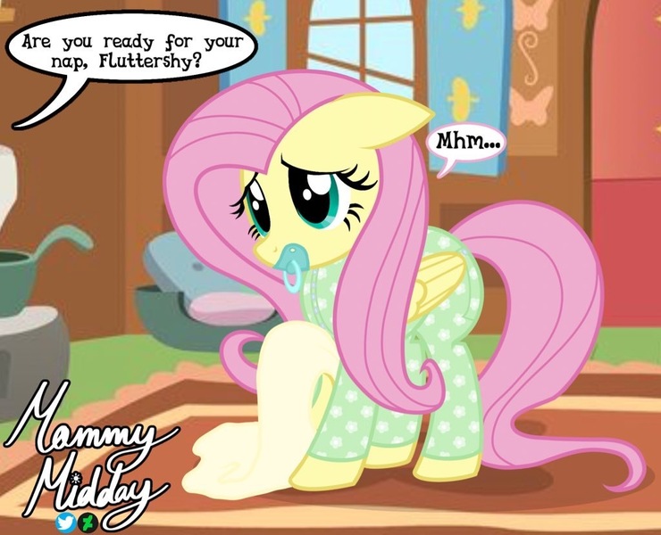 Size: 1024x830 | Tagged: questionable, artist:mommymidday, derpibooru import, fluttershy, pegasus, pony, abdl, adult foal, big eyes, blanket, dialogue, diaper, diaper fetish, fetish, fluttershy's cottage, image, jpeg, long mane, long tail, offscreen character, onesie, pacifier, photo, shiny eyes, shy, solo