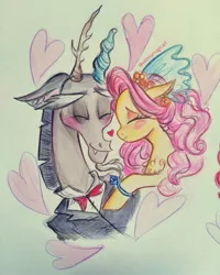 Size: 1080x1350 | Tagged: safe, artist:valeriamagicart, derpibooru import, discord, fluttershy, draconequus, pony, blushing, bowtie, clothes, discoshy, drawing, female, heart, image, interspecies love, jewelry, jpeg, male, married couple, ring, shipping, signature, smiling, straight, suit, traditional art