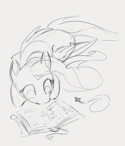 Size: 629x732 | Tagged: safe, artist:dotkwa, derpibooru import, fluttershy, pegasus, pony, bible, book, cross necklace, female, grayscale, image, mare, monochrome, overhead view, png, reading, sketch, solo