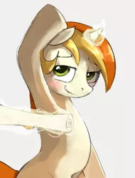 Size: 607x800 | Tagged: suggestive, artist:dotkwa, derpibooru import, peachy pitt, pony, unicorn, armpits, bipedal, blushing, female, glowing horn, gray background, horn, image, magic, magic aura, mare, png, simple background, solo, solo female