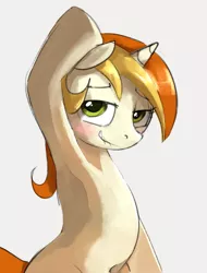 Size: 607x800 | Tagged: suggestive, alternate version, artist:dotkwa, derpibooru import, peachy pitt, pony, unicorn, armpits, bipedal, blushing, female, gray background, horn, image, mare, png, simple background, solo, solo female