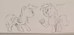Size: 2048x967 | Tagged: safe, artist:mellodillo, derpibooru import, derpy hooves, pegasus, pony, duo, female, food, grayscale, hoof hold, image, jpeg, mare, monochrome, muffin, self paradox, self ponidox, sketch, that pony sure does love muffins, traditional art