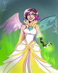 Size: 540x674 | Tagged: safe, artist:darksinfonic, derpibooru import, princess cadance, queen chrysalis, human, a canterlot wedding, clothes, dress, humanized, image, jpeg, scene interpretation, wedding dress, winged humanization, wings