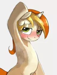 Size: 607x800 | Tagged: suggestive, alternate version, artist:dotkwa, derpibooru import, edit, peachy pitt, pony, unicorn, armpits, bipedal, blushing, female, gray background, horn, image, mare, png, simple background, solo, solo female, sweat, sweatdrop