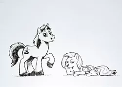 Size: 1024x728 | Tagged: safe, artist:mellodillo, derpibooru import, oc, oc:invisible ink, oc:mithril down, unofficial characters only, pegasus, pony, unicorn, black and white, duo, female, grayscale, image, jpeg, male, mare, monochrome, simple background, stallion, traditional art, white background