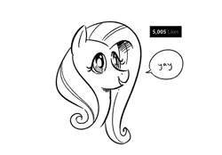 Size: 649x452 | Tagged: safe, artist:mellodillo, derpibooru import, fluttershy, pegasus, pony, black and white, bust, female, grayscale, image, mare, meta, monochrome, png, simple background, solo, white background, yay