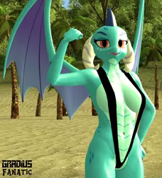 Size: 1966x2160 | Tagged: suggestive, artist:gradiusfanatic, derpibooru import, princess ember, anthro, dragon, 3d, beach, bikini, clothes, dragoness, female, image, png, sling bikini, source filmmaker, swimsuit