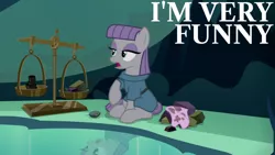 Size: 1280x720 | Tagged: safe, derpibooru import, edit, edited screencap, editor:quoterific, screencap, maud pie, earth pony, pony, season 7, uncommon bond, female, image, jpeg, mare, open mouth, rock, solo