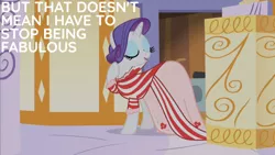 Size: 1280x720 | Tagged: safe, derpibooru import, edit, edited screencap, editor:quoterific, screencap, rarity, pony, unicorn, green isn't your color, season 1, clothes, dress, eyes closed, female, image, jpeg, mare, open mouth, smiling, solo