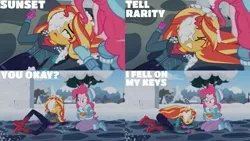 Size: 1280x720 | Tagged: safe, derpibooru import, edit, edited screencap, editor:quoterific, screencap, pinkie pie, sunset shimmer, equestria girls, equestria girls series, holidays unwrapped, spoiler:eqg series (season 2), duo, duo female, eyes closed, female, food, image, open mouth, png, saving pinkie's pie, snow, souffle