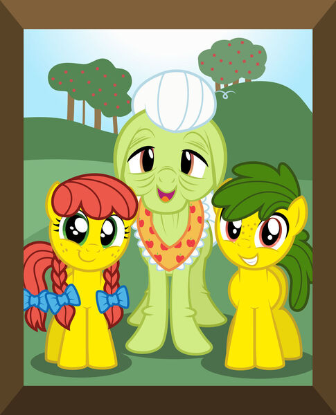 Size: 1280x1584 | Tagged: safe, artist:aleximusprime, derpibooru import, granny smith, oc, oc:annie smith, oc:apple chip, flurry heart's story, apple twins, bow, framed picture, freckles, image, jpeg, older, pigtails, wrinkles