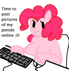 Size: 298x308 | Tagged: suggestive, artist:breezietype, derpibooru import, pinkie pie, anthro, earth pony, big breasts, breasts, busty pinkie pie, chair, computer mouse, dialogue, dot eyes, futa, image, intersex, keyboard, nudity, open mouth, png, sitting, smiling, solo, solo futa