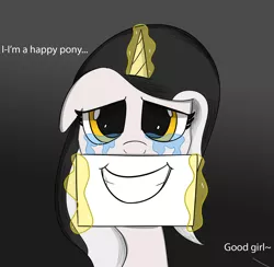 Size: 1746x1701 | Tagged: safe, artist:bestponies, derpibooru import, oc, oc:diamond horseshoe, unofficial characters only, pony, unicorn, crying, depressed, dialogue, eyelashes, fake smile, female, floppy ears, glowing horn, good girl, gradient background, gray background, grin, horn, image, jpeg, levitation, magic, mare, offscreen character, sad, simple background, smiling, solo, telekinesis, unicorn oc, vent art, yellow eyes