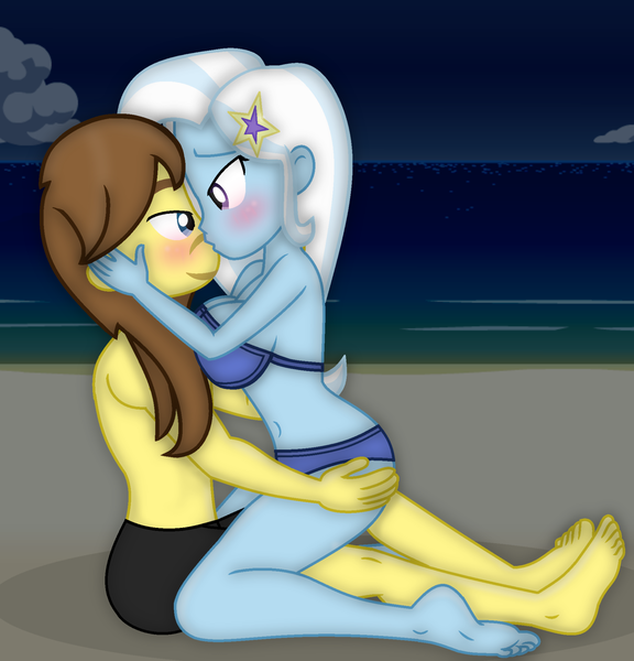 Size: 1842x1920 | Tagged: suggestive, artist:grapefruit-face, derpibooru import, trixie, equestria girls, base used, beach, blushing, clothes, duo, followup, image, kissing, png, reverse cowgirl, swimsuit