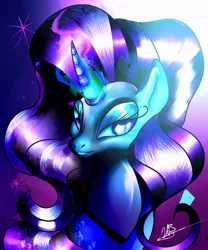 Size: 816x979 | Tagged: safe, artist:spirodraw, derpibooru import, nightmare rarity, pony, unicorn, abstract background, bedroom eyes, eyelashes, female, glowing horn, horn, image, jpeg, mare, signature, smiling, solo