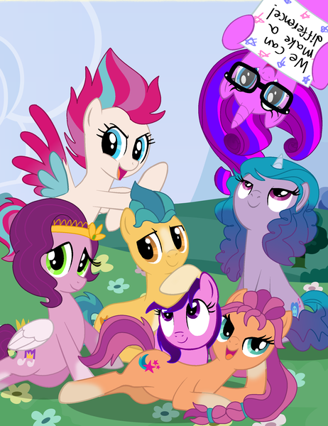 Size: 1960x2548 | Tagged: safe, artist:lynnthenerdkitty, derpibooru import, hitch trailblazer, izzy moonbow, pipp petals, sunny starscout, zipp storm, oc, oc:andromeda vela, oc:tilly, spoiler:g5, g5, image, lidded eyes, looking at you, mane five (g5), png