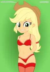 Size: 6299x9102 | Tagged: suggestive, artist:alandssparkle, derpibooru import, applejack, equestria girls, belly button, bra, breasts, busty applejack, clothes, derpibooru exclusive, female, frilly underwear, gradient background, grin, hands behind back, image, lingerie, looking at you, nervous, nervous grin, panties, png, red underwear, ribbon, sexy, signature, simple background, smiling, socks, solo, stockings, thigh highs, thong, underwear
