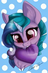 Size: 2570x3914 | Tagged: safe, artist:gleamydreams, derpibooru import, izzy moonbow, pony, unicorn, abstract background, biting, blushing, bust, cute, female, g5, heart, high res, image, izzybetes, jpeg, mare, portrait, signature, solo