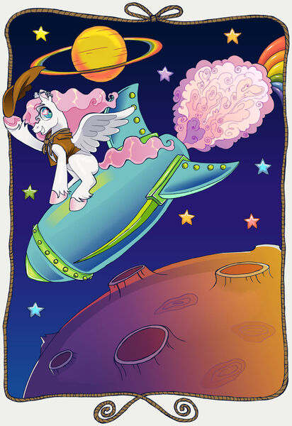 Size: 1280x1863 | Tagged: safe, artist:universal-heart, derpibooru import, oc, unofficial characters only, pegasus, pony, clothes, colored hooves, hat, image, jpeg, looking back, planet, rainbow, rocket, smiling, solo, space, stars, unshorn fetlocks, wavy mane