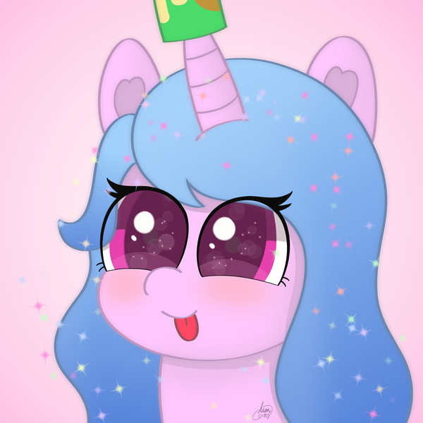 Size: 2160x2160 | Tagged: safe, artist:limitmj, derpibooru import, izzy moonbow, pony, unicorn, beans, blushing, bust, can, cute, female, food, g5, high res, horn, horn impalement, image, izzybetes, mare, png, portrait, solo, sparkles, tongue out