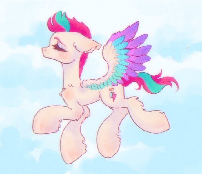 Size: 2048x1762 | Tagged: safe, artist:catboyplanet, derpibooru import, zipp storm, pegasus, pony, adorazipp, blushing, cloud, cute, eyes closed, female, floppy ears, flying, g5, image, jpeg, mare, sky, solo, wings