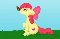 Size: 2096x1374 | Tagged: safe, artist:kurodoragon, derpibooru import, apple bloom, butterfly, earth pony, insect, pony, butterfly on nose, female, filly, image, insect on nose, monarch, png, raised hoof, sitting, solo
