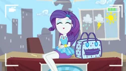 Size: 3410x1920 | Tagged: safe, derpibooru import, screencap, rarity, best trends forever, equestria girls, equestria girls series, bracelet, camera shot, clothes, cute, cutie mark, cutie mark on clothes, eyes closed, female, geode of shielding, hairpin, image, jewelry, jpeg, magical geodes, open mouth, raribetes, rarity peplum dress, smiling, solo