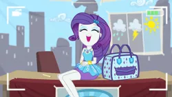 Size: 3410x1920 | Tagged: safe, derpibooru import, screencap, rarity, best trends forever, equestria girls, equestria girls series, bracelet, camera shot, clothes, cute, cutie mark, cutie mark on clothes, eyes closed, geode of shielding, hairpin, image, jewelry, jpeg, magical geodes, open mouth, raribetes, rarity peplum dress, smiling, solo