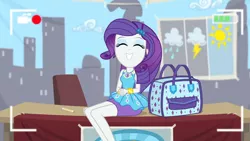 Size: 3410x1920 | Tagged: safe, derpibooru import, screencap, rarity, best trends forever, equestria girls, equestria girls series, bracelet, camera shot, clothes, cute, cutie mark, cutie mark on clothes, female, geode of shielding, grin, hairpin, image, jewelry, jpeg, magical geodes, raribetes, rarity peplum dress, smiling, solo