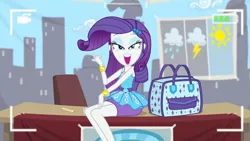 Size: 3410x1920 | Tagged: safe, derpibooru import, screencap, rarity, best trends forever, equestria girls, equestria girls series, bracelet, camera shot, clothes, cute, cutie mark, cutie mark on clothes, female, geode of shielding, hairpin, image, jewelry, jpeg, lidded eyes, looking at you, magical geodes, open mouth, raribetes, rarity peplum dress, smiling, smiling at you, solo