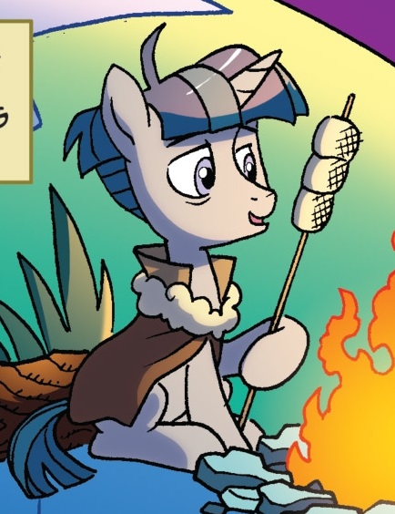 Size: 434x564 | Tagged: safe, artist:tonyfleecs, derpibooru import, idw, stygian, pony, unicorn, spoiler:comiclom8, campfire, camping, cloak, clothes, food, image, jpeg, male, marshmallow, stallion