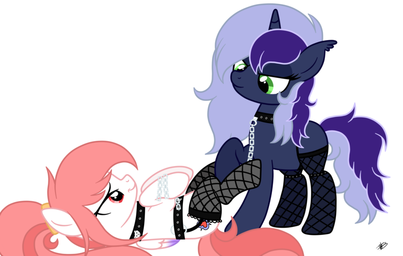 Size: 3443x2195 | Tagged: suggestive, artist:princessmoonsilver, derpibooru import, oc, oc:fire lynk, oc:krystel, unofficial characters only, pegasus, pony, unicorn, female, fishnets, image, mare, png, show accurate, simple background, transparent background