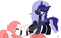 Size: 3443x2195 | Tagged: suggestive, artist:princessmoonsilver, derpibooru import, oc, oc:fire lynk, oc:krystel, unofficial characters only, pegasus, pony, unicorn, female, fishnets, image, mare, png, show accurate, simple background, transparent background