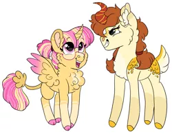 Size: 2123x1654 | Tagged: safe, artist:moccabliss, derpibooru import, oc, oc:pumpkin patch, oc:summer sunrise, unofficial characters only, alicorn, hybrid, kirin, pony, female, image, interspecies offspring, magical lesbian spawn, mare, offspring, parent:applejack, parent:autumn blaze, parent:sunburst, parent:twilight sparkle, parents:autumnjack, parents:twiburst, png, simple background, white background