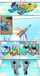 Size: 1800x3457 | Tagged: safe, artist:candyclumsy, derpibooru import, rainbow dash, soarin', spitfire, pony, burnt, clothes, comic, flying, grin, image, nervous, nervous grin, png, smiling, sonic rainboom, torn clothes, uniform, we don't normally wear clothes, wide eyes, wonderbolts uniform
