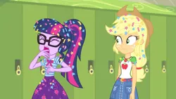 Size: 3410x1920 | Tagged: safe, derpibooru import, screencap, applejack, sci-twi, twilight sparkle, best trends forever, equestria girls, equestria girls series, applejack's hat, belt, best trends forever: pinkie pie, bowtie, clothes, confetti, cowboy hat, cutie mark, cutie mark on clothes, denim skirt, eyes closed, female, geode of super strength, geode of telekinesis, glasses, hat, image, jpeg, lockers, magical geodes, open mouth, ponytail, pre sneeze, shrunken pupils, skirt, sneezing