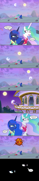 Size: 1140x5237 | Tagged: safe, artist:silverbuller, derpibooru import, edit, edited edit, editor:enrique zx, screencap, princess celestia, princess luna, twilight sparkle, twilight sparkle (alicorn), alicorn, pony, between dark and dawn, season 9, spoiler:s09, collision, crash, explosion, horn, image, moon, png, spanish, spanish description, spanish text, sun, translation, wings