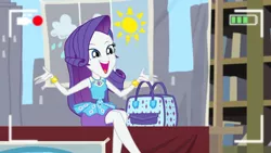 Size: 3410x1920 | Tagged: safe, derpibooru import, screencap, rarity, best trends forever, equestria girls, equestria girls series, best trends forever: rainbow dash, bracelet, camera shot, clothes, cute, cutie mark, cutie mark on clothes, female, geode of shielding, image, jewelry, jpeg, magical geodes, open mouth, raribetes, rarity peplum dress, smiling, solo