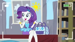 Size: 3410x1920 | Tagged: safe, derpibooru import, screencap, rarity, best trends forever, equestria girls, equestria girls series, best trends forever: rainbow dash, bracelet, camera shot, clothes, cute, cutie mark, cutie mark on clothes, female, geode of shielding, hairpin, image, jewelry, jpeg, magical geodes, open mouth, raribetes, rarity peplum dress, smiling, solo